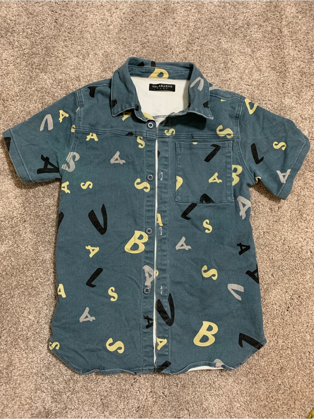 VALABASAS Play “PUZZLED” CAMO WOVEN Jean SHIRT Allover Letters Boy Size 18